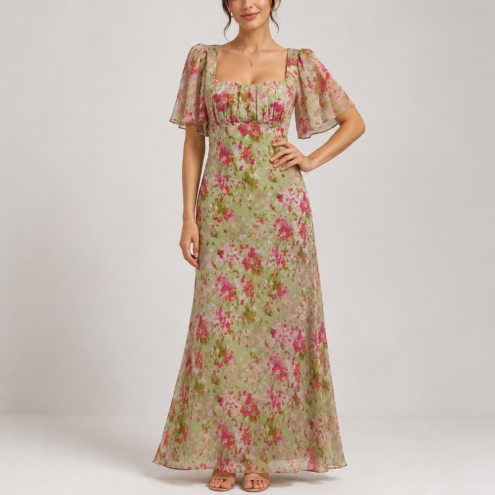 ASTR The Label Floral Maxi Dress XS Lime‎ Pink Flutter Sleeve Boho Summer